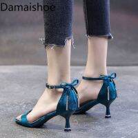 Hot Women S Shoes Fashion One Strap Fashion Sandals Fairy New Comfort Summer Mid Heels Blue High Heels For Women Stilettos Bow