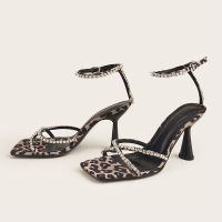 y Women Sandals Leopard Pointed Toe Thin High Heels Ladies Shoes Crystal Ankle Strap Female Sandals Party 2022 Summer New