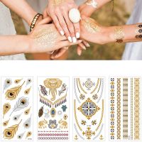 Sexy Feathers Temporary Tattoo Women Party Body Arm Art Fake Flash Tatoos Gold Metallic Tattoo Stickers Girl Bracelet Wrist Stickers