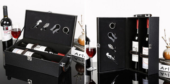 กล่องไวน์แดงหนัง-กล่องบรรจุไวน์-กล่องของขวัญไวน์แดง-สามารถบรรจุขวดได้สองขวด-ที่เก็บไวน์แดง-กล่องไวน์แดงใหญ่พิเศษกล่องไม้บรรจุไวน์สีดำกระเป๋าหิ้ว-2-ใบไวน์