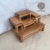 PHRAE WOOD  โต๊ะหมู่บูชาไม้สักแท้ หมู่ 5 หน้า 4 (ตัวลูก) เคลือบสีใส  กว้าง 30 ซม. ยาว 40 ซม. สูง 26 ซม.