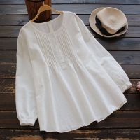 Plus Size Women Blouse Vintage Loose Linen Causal Crew Neck Plain Comfortable Tops