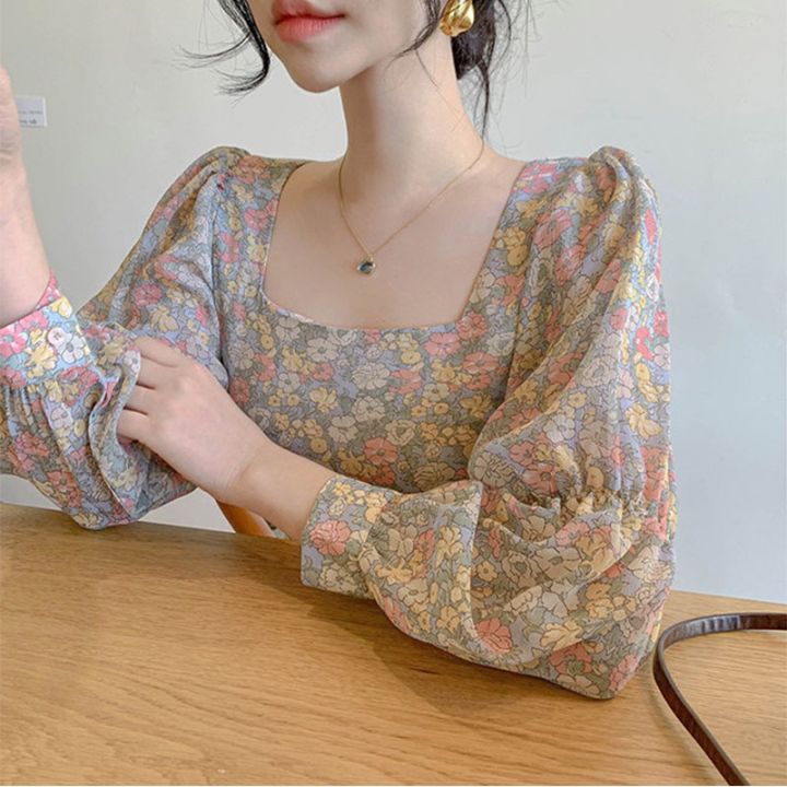 orfilas-เสื้อเชิ๊ตแขนยาวลายดอกไม้สไตล์เกาหลี-เสื้อผู้หญิง-เสื้อหลวมๆหวานๆน่ารัก-women-shirts