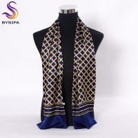 ¤❇™ [BYSIFA] Navy Blue Gold Plaid Men Silk Scarves Fashion Accessories Autumn Winter Male Pure Silk Long Scarves Cravat 160x26cm