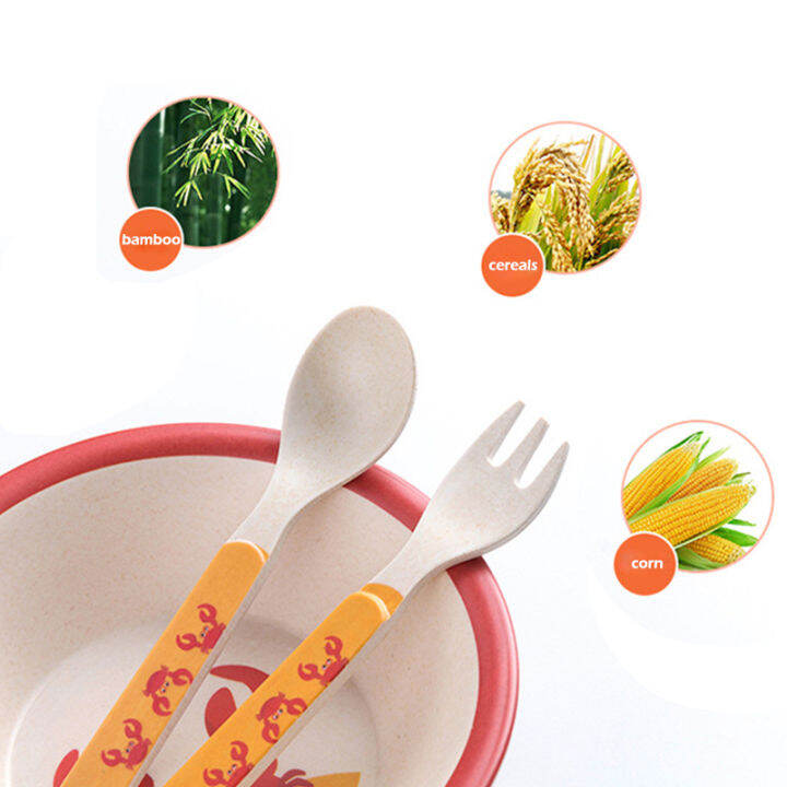 childrens-tableware-five-piece-suit-disc-bamboo-plate-cartoons-set-of-dishes-plates-baby-tableware-bowl-cup-fork-spoon