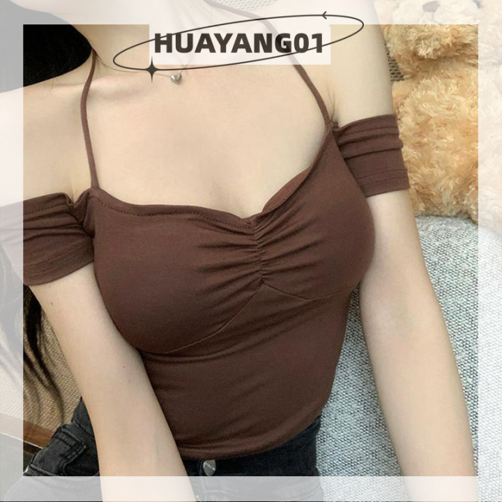 huayang01-2023แฟชั่นสุดฮอตสำหรับผู้หญิง-เสื้อยืดแขนสั้นสุดเซ็กซี่เสื้อคล้องคอปิดไหล่เสื้อครอปทรงสลิมสีทึบ