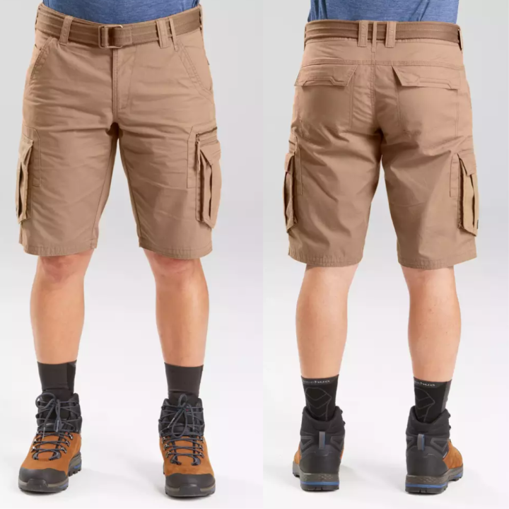 forclaz-กางเกงคาร์โก้ขาสั้นผู้ชายสำหรับใส่เทรคกิ้ง-กางเกงขาสั้นเดินป่า-ทนทาน-มีกระเป๋า-8-ช่อง-ขอบเอวปรับได้ด้วยเข็มขัด