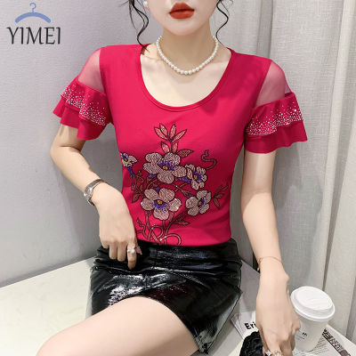 YIMEI Design Heavy Industry Flower Embedding Diamond Top Womens 2023 Summer New Lotus Leaf Short Sleeve Mesh Shirt Fashion Versatile Slim Fit Womens T-Shirt