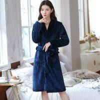 {Xiaoli clothing} Coral Velvet เสื้อคลุมอาบน้ำผู้หญิง Warm Soft Robe Solid Flannel Kimono Blue Bath Robe Dressing Gowns ชุดนอนแขนยาว Robe ชุดนอน