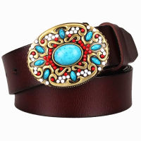 Fashion womens Genuine leather belt mosaic gem turquoise belts metal buckle arabesque pattern retro woman decorative belt gift