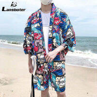 Lansboter ชุดสูทฤดูร้อนของผู้ชายแขนสั้นชายหาดฮาวายเสื้อเชิ้ตลายดอกคู่กับกางเกงสองชิ้นเสื้อนอกห้าจุด