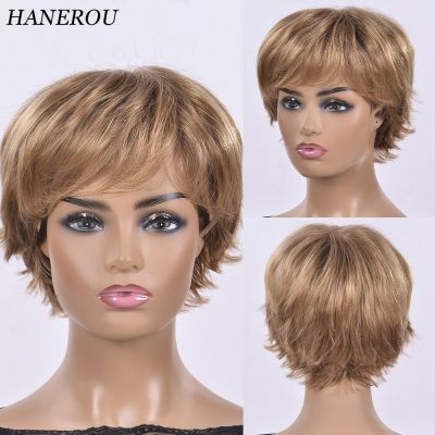 HANEROU Short Synthetic Straight Wig Ombre Blonde Women Pixie Cut Natural Hair Wig For Daily Party Cosplay