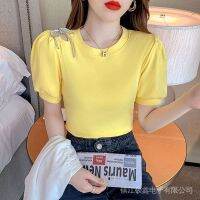 COD DSFGREYRTYRT Short Sleeve Top 2022 New Style Fashionable Yellow Bow Hollow T-Shirt Women Design Niche Puff