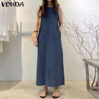 ✜✕ Fancystyle VONDA ผู้หญิง Simple Solid Denim เดรสยาวอเนกประสงค์ Crew Collar แขนกุด A-Line Dresses