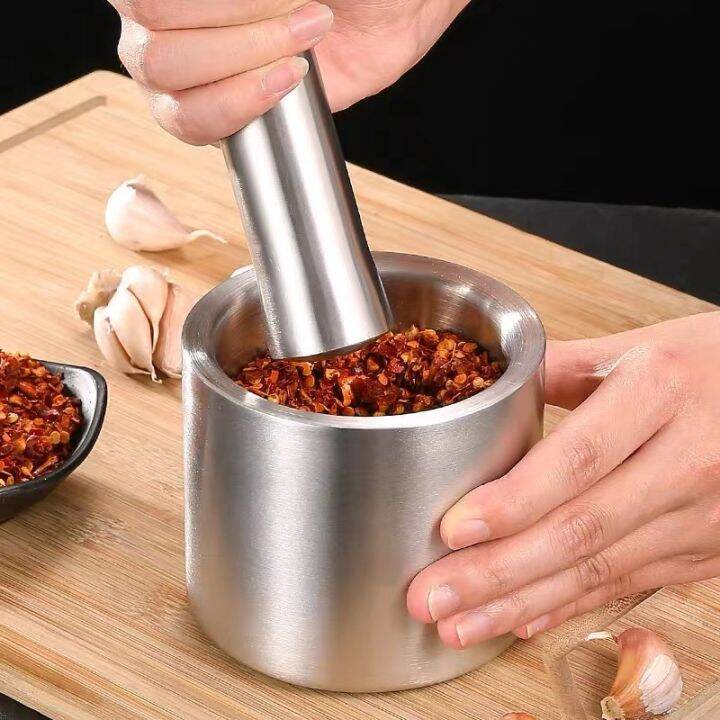 Mortar And Pestle Stainless with Lid Pill Crusher Spice Grinder Herb