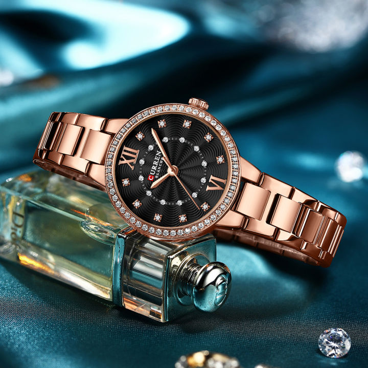 hotcurren-ผู้หญิงนาฬิกาแฟชั่น-rose-gold-สแตนเลส-stain-steel-สุภาพสตรีนาฬิกากันน้ำ-quarzt-นาฬิกาข้อมือ-romatic-แฟน-gift