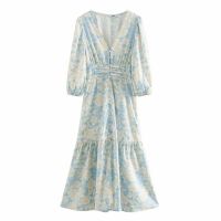 ZZOOI Flower printing V neck Single Breasted Women Midi Dress 2020 New Fashion Casual Lady Three Quarter Sleeve Loose Dresses D5133