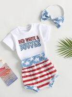 Adorable 3-Piece Summer Outfit for Baby Girls White Short Sleeve Top with Letter Print Stars and Stripes Shorts and Matching  by Hs2023