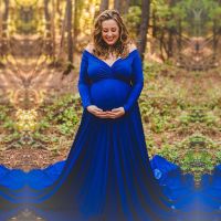 【DT】hot！ Maternity Photography Props Gown V-Neck Shoulder Sleeve Photo Shoot Baby Shower