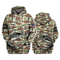 Fishing Fish USA Camo พิมพ์ 3D Hoodie Pullover ผู้ชายผู้หญิงตลกเสื้อกันหนาวเสื้อกันหนาว Street Wear Drop ShippingXS-5XL