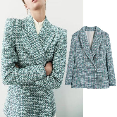 2022 Women Tweed Texture Double Breasted Blazer Suits Vintage Notched Collar Long Sleeve Jacket Coats Chic Female Casual Tops