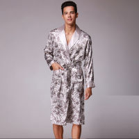 Men Silk Summer and Autumn Luxury Kimono Satin Bathrobe Print Knee Length Long Sleeve Coffee Bath Robe Dressing Gown Sleepwear