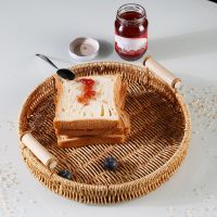 Hand Woven Rattan Basket Trays Wicker Tray Organizer Rustic Bread Baskets with Handle for Bread Breakfast Fruit Snack Vegetables