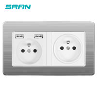 SRAN Brand 2 frame French EU Standard wall socket with usb charge 2 port hidden soft LED Indicator Stainless steel panel 146*86