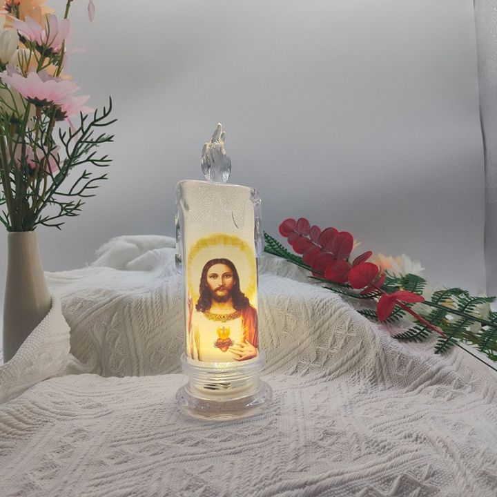 พระเยซูคริสต์บริสุทธิ์โคมไฟเทียนไขไร้เปลวไฟอิเล็กทรอนิกส์แสงสีชาโรแมนติก-led-deco