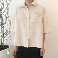 Korean Style R Time Solid Color Half-Sleeved Shirt Loose Slimmer Look Lapel Casual Top Student All-Match Pocket Girls Clothes Must