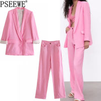 PSEEWE Set Woman 2 Pieces Chic Pink Blazer Women Elegant Wide Leg Pants Sets Business Office Casual Green Blazer Outfit