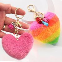 Colorful Heart Pompom Keychain Winter Women Bag Charms Rainbow Plush Balls Pendant With Tassel Key Rings Jewelry Gifts Key Chains