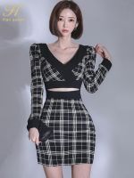 H Han Queen 2023 Spring Sexy Leaky Waist Pencil Bodycon Dress Women Puff Sleeve Plaid Sheath Dresses V-Neck Work Party Vestidos