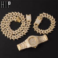 Hip Hop 19MM 3PCS KIT Watch+Necklace+Bracelet Bling AAA+ Iced Out Alloy Rhinestones ns Cuban Link Chains For Men Jewelry