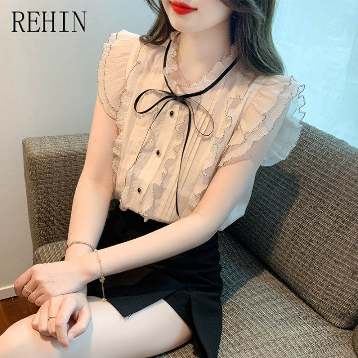 rehin-เสื้อเชิ๊ตผู้หญิง-เสื้อเชิ๊ตแขนพองคันธนูลายลูกไม้แฟชั่นสไตล์เกาหลีแบบใหม่ฤดูร้อนเสื้อผู้หญิงแขนสั้น