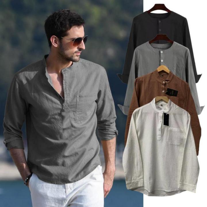 Mens Shirt Long Sleeve Casual V Neck 3 Button Shirt Summer Cool Tee ...