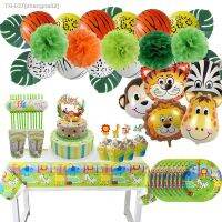 ✲☄◙ Safari Party Tableware Set Birthday Party Decoration Kids Plate Cups Hats Tablecloth Straw Animal Jungle Birthday Decor Supplies