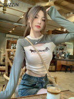 SUZZIN เสื้อยืดผู้หญิงลายพิมพ์ลายแขนยาวตัดกับอเมริกาแบบย้อนยุค