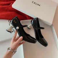 2022 New MIUMIUˉ Summer Mary Jane Shoes Womens round head one word pearl thick heel shoes with rhinestone