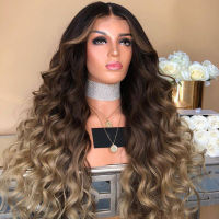 Original Wigs For Women Human Hair Gradient Black Brown Long Curly Wig Synthetic Wavy Hair วิกผมทนความร้อน