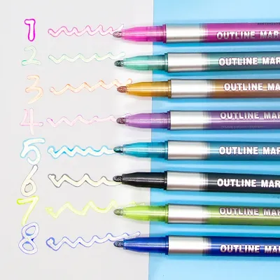 8/12 color/shiny double line outline special effect pen color marker set of multi color hand painted fluorescent double color ma