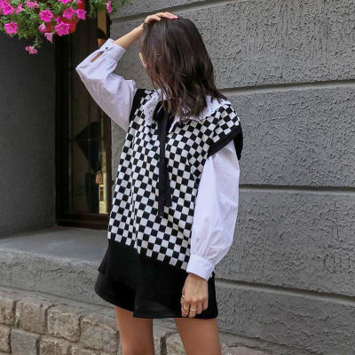 Ladies Autumn Winter Plaid Sweater Women Vest Pullover Casual Loose Streetwear Women Sweaters Knitted Female Waistcoat Chic Tops
