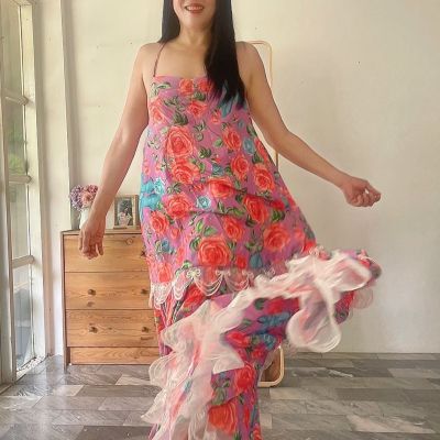 P010-215 PIMNADACLOSET -  Summer Sleeveless Spaghetti Strap Crepe Floral Print Ruffle Loose Flowy Maxi Dress