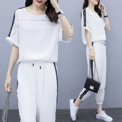 [Spot] Korean style thin slimming summer new plump girls fashion loose Korean style short sleeve trendy two-piece suit pants 2023