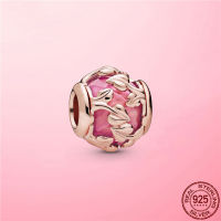 HOT 925 Sterling Silver Flamingo Leaf Rose Flower Charm CZ Luxury Beads Fit Pandora Bracelet Necklace For Women 925 Jewelry Gift