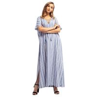 Large Size Womens Muslim Arab Robes Striped Maxi Dress Middle East Ramadan Clothes Short Sleeve Split Dress