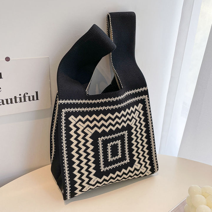 plaid-reusable-bag-color-stripe-women-shopping-shopping-bags-handmade-student-casual-wide-knit-handbag-tote