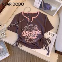 PEAR DODO เสื้อยืดแขนสั้นคอวีมีเชือกผูกขอบแบบเกาหลีสำหรับผู้หญิง