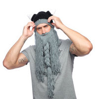 Winter Mens Knit Hat Viking Horn Hat Long Beard Holiday Party Wool Hat