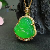 ZZOOI Natural Green Chalcedony High-Ice Agate Buddha Maitreya Pendant Retro Style Fine Jewelry Fashion Men Women Luxury Holiday Gift